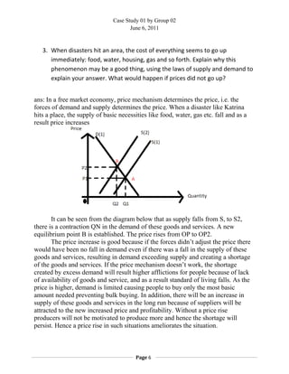 Case Study 01 by Group 02
June 6, 2011
3. When disasters hit an area, the cost of everything seems to go up
immediately: food, water, housing, gas and so forth. Explain why this
phenomenon may be a good thing, using the laws of supply and demand to
explain your answer. What would happen if prices did not go up?
ans: In a free market economy, price mechanism determines the price, i.e. the
forces of demand and supply determines the price. When a disaster like Katrina
hits a place, the supply of basic necessities like food, water, gas etc. fall and as a
result price increases
It can be seen from the diagram below that as supply falls from S, to S2,
there is a contraction QN in the demand of these goods and services. A new
equilibrium point B is established. The price rises from OP to OP2.
The price increase is good because if the forces didn’t adjust the price there
would have been no fall in demand even if there was a fall in the supply of these
goods and services, resulting in demand exceeding supply and creating a shortage
of the goods and services. If the price mechanism doesn’t work, the shortage
created by excess demand will result higher afflictions for people because of lack
of availability of goods and service, and as a result standard of living falls. As the
price is higher, demand is limited causing people to buy only the most basic
amount needed preventing bulk buying. In addition, there will be an increase in
supply of these goods and services in the long run because of suppliers will be
attracted to the new increased price and profitability. Without a price rise
producers will not be motivated to produce more and hence the shortage will
persist. Hence a price rise in such situations ameliorates the situation.
Page 6
 