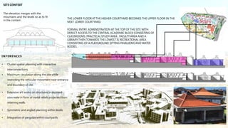 SITE CONTEXT
The elevation merges with the
mountains and the levels so as to fit
in the context .
INFERENCES
• Cluster spatial planning with interactive
interconnections.
• Maximum circulation along the site while
restricting the vehicular movement near entrance
and boundary of site.
• Extensive art works on structures in exposed
concreate in form of metal reliefs projected from
retaining walls.
• Symmetric and angled planning within levels
• Integration of pergolas within courtyards
THE LOWER FLOOR ATTHE HIGHER COURTYARD BECOMES THE UPPER FLOOR IN THE
NEXT LOWER COURTYARD.
FORMAL ENTRY, ADMINISTRATION AT THE TOP OF THE SITE WITH
DERECT ACCESS TO THE CENTRAL ACADEMIC BLOCK CONSISTING OF
CLASSROOMS ,PRACTICAL STUDY AREA , FACULTY AREA AND A
LIBRARY THEN TOWARDS THE LOWEST IS RECREATIONAL AREA
CONSISTING OF A PLAYGROUND SITTING PAVILLIONS AND WATER
BODIES.
 