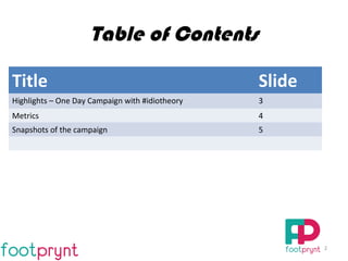 Table of Contents
Title Slide
Highlights – One Day Campaign with #idiotheory 3
Metrics 4
Snapshots of the campaign 5
2
 