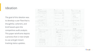 Ideation
The goal of this ideation was
to develop a user ﬂow that is
thoughtful, coherent, and
brief based upon the
competitive audit analysis.
This paper wireframe depicts
a process that is now simple
to use and get instant
tracking status updates.
 