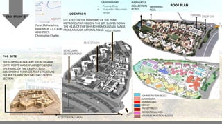 LOCATION
Pune ,Maharashtra,
India AREA: 17 .8 acres
ARCHITECT:
Christopher Charles
LANDMARKS
• Pavana River
• Shayadhri Mountain
range
LOCATED ON THE PERIPHERY OF THE PUNE
METROPOLITAN REGION, THE SITE SLOPES DOWN
THE HILLS OF THE SAHYADHRI MOUNTAIN RANGE,
FROM A MAJOR ARTERIAL ROAD.
THE SITE
THE SLOPING ELEVATION, FROM HIGHER
ENTRY POINT, WAS EXPLOITED TO BREAK
THE FABRIC OF THE CAMPUS INTO
DESCENDING TERRACES THAT STRUCTURE
THE BUILT FABRIC INTO A LONG STEPPED
SECTION.
VEHICULAR
SERVICE ROAD
PEDESTRIAN
PEDESTRIAN
ACCESS FROM MAIN
PARKING
NODE
RAINWATER
COLLECTION
POND
SWIMMING
POOL
PARKING
DROP OFF
ROOF PLAN
ADMINISTRATION BLOCK
CLASSROOMS
DINNING HALL
LIBRARY
FACULTY BLOCK
RECREATIONAL AREA
ACADEMIC PRACTICAL BLOCKS
CASE STUDY-II
 