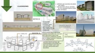 CLASSROOMS
DIFFERENT VIEWS OF
CLASSROOM BLOCK
THE
ENTRANCE
THE BUILDING
CONSIST OF
FOURTEEN LARGE
CLASSROOMS
WITH LINEAR TWO
LEVEL ATRIUM AND
CORRIDOOR.
STAIRCASE
SOUTH FACING WALLS ARE BLANK
AVOIDING SOUTHERN SUN ,THE EAST
WEST AND NORTH WALLS ARE
SHIELDED BY ALUMINIUM LOUVERS
AND FILTERING SUNLIGHT THROUGH
GLASS FENESTRATION.
LOUVERS CREATE NATURAL AIR
CONDITIONING BY BLOCKING OUT
HEAT AND PERMIT LIGHT AND
NATURAL VENTILATION INTO
BUILDINGS.
 APPEARS LIKE FLOATING ON GRASS
SEA CARPET
 ARE HELD INTO VISUAL PATTERN
BY THE LANDMAR WATER TOWER
 AXIAL PATHWAYS
CASE STUDY-III
 