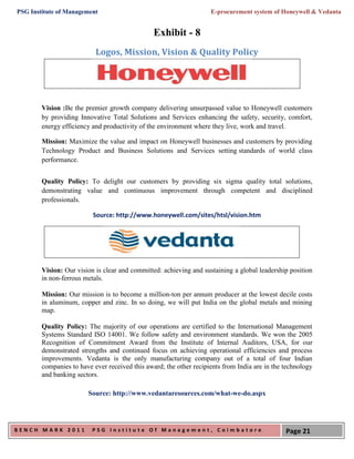 PSG Institute of Management                                         E-procurement system of Honeywell & Vedanta


                                                Exhibit - 8
                           Logos, Mission, Vision & Quality Policy




        Vision :Be the premier growth company delivering unsurpassed value to Honeywell customers
        by providing Innovative Total Solutions and Services enhancing the safety, security, comfort,
        energy efficiency and productivity of the environment where they live, work and travel.

        Mission: Maximize the value and impact on Honeywell businesses and customers by providing
        Technology Product and Business Solutions and Services setting standards of world class
        performance.


        Quality Policy: To delight our customers by providing six sigma quality total solutions,
        demonstrating value and continuous improvement through competent and disciplined
        professionals.

                          Source: http://www.honeywell.com/sites/htsl/vision.htm




        Vision: Our vision is clear and committed: achieving and sustaining a global leadership position
        in non-ferrous metals.

        Mission: Our mission is to become a million-ton per annum producer at the lowest decile costs
        in aluminum, copper and zinc. In so doing, we will put India on the global metals and mining
        map.

        Quality Policy: The majority of our operations are certified to the International Management
        Systems Standard ISO 14001. We follow safety and environment standards. We won the 2005
        Recognition of Commitment Award from the Institute of Internal Auditors, USA, for our
        demonstrated strengths and continued focus on achieving operational efficiencies and process
        improvements. Vedanta is the only manufacturing company out of a total of four Indian
        companies to have ever received this award; the other recipients from India are in the technology
        and banking sectors.

                        Source: http://www.vedantaresources.com/what-we-do.aspx




BENCH MARK 2011           PSG Institute Of Management, Coimbatore                              Page 21
 