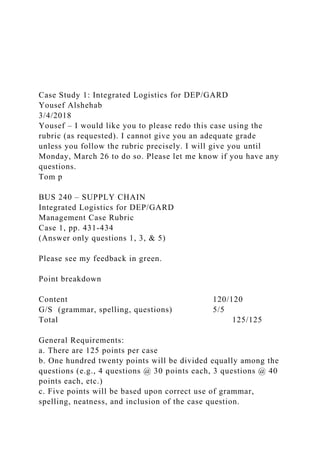 Case Study 1: Integrated Logistics for DEP/GARD
Yousef Alshehab
3/4/2018
Yousef – I would like you to please redo this case using the
rubric (as requested). I cannot give you an adequate grade
unless you follow the rubric precisely. I will give you until
Monday, March 26 to do so. Please let me know if you have any
questions.
Tom p
BUS 240 – SUPPLY CHAIN
Integrated Logistics for DEP/GARD
Management Case Rubric
Case 1, pp. 431-434
(Answer only questions 1, 3, & 5)
Please see my feedback in green.
Point breakdown
Content 120/120
G/S (grammar, spelling, questions) 5/5
Total 125/125
General Requirements:
a. There are 125 points per case
b. One hundred twenty points will be divided equally among the
questions (e.g., 4 questions @ 30 points each, 3 questions @ 40
points each, etc.)
c. Five points will be based upon correct use of grammar,
spelling, neatness, and inclusion of the case question.
 