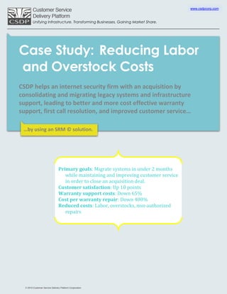 www.csdpcorp.com



     Unifying Infrastructure. Transforming Businesses. Gaining Market Share.




Case Study: Reducing Labor
and Overstock Costs
CSDP helps an internet security firm with an acquisition by
consolidating and migrating legacy systems and infrastructure
support, leading to better and more cost effective warranty
support, first call resolution, and improved customer service…

 …by using an SRM © solution.




                   Primary goals: Migrate systems in under 2 months
                      while maintaining and improving customer service
                      in order to close an acquisition deal.
                   Customer satisfaction: Up 10 points
                   Warranty support costs: Down 65%
                   Cost per warranty repair: Down 400%
                   Reduced costs: Labor, overstocks, non-authorized
                      repairs
 