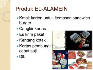 Produk EL-ALAMEINKotak karton untuk kemasan sandwich burgerCangkir kertasEs krim paketKentang kotakKertas pembungkus untuk makanan cepat sajiDll.
