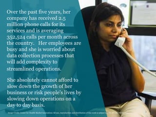 Over the past five years, her
company has received 2.5
million phone calls for its
services and is averaging
352,524 calls per month across
the country. Her employees are
busy and she is worried about
data collection processes that
will add complexity to
streamlined operations.
3Image Credit: Center for Health Market Innovations All use, reproduction and distribution of this work is subject to a CC-BY-NC-ND license.
She absolutely cannot afford to
slow down the growth of her
business or risk people’s lives by
slowing down operations on a
day to day basis.
 