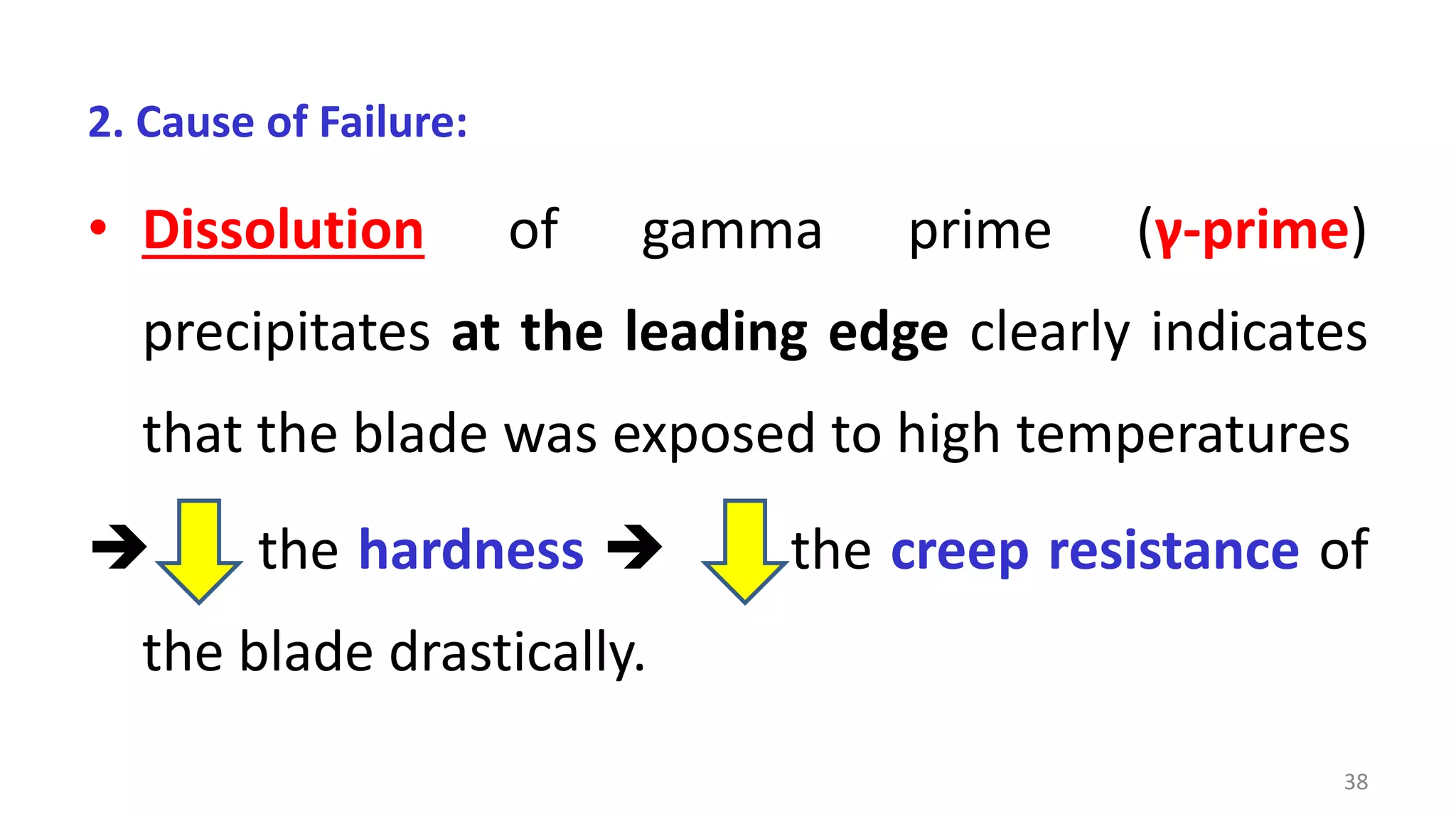2. Cause of Failure:
• Dissolution of gamma prime (γ-prime)
precipitates at the leading edge clearly indicates
that the blade was exposed to high temperatures
 the hardness  the creep resistance of
the blade drastically.
38
 