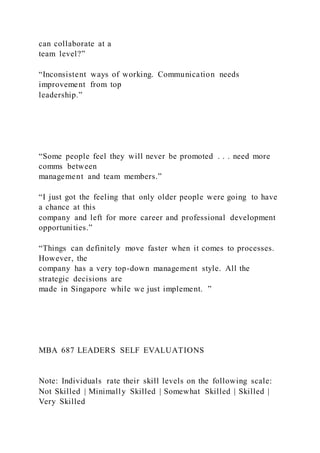 can collaborate at a
team level?”
“Inconsistent ways of working. Communication needs
improvement from top
leadership.”
“Some people feel they will never be promoted . . . need more
comms between
management and team members.”
“I just got the feeling that only older people were going to have
a chance at this
company and left for more career and professional development
opportunities.”
“Things can definitely move faster when it comes to processes.
However, the
company has a very top-down management style. All the
strategic decisions are
made in Singapore while we just implement. ”
MBA 687 LEADERS SELF EVALUATIONS
Note: Individuals rate their skill levels on the following scale:
Not Skilled | Minimally Skilled | Somewhat Skilled | Skilled |
Very Skilled
 