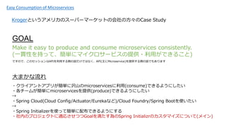 KrogerȤꥫΥ`ѩ`ީ`åȤληCase Study
GOAL
Make it easy to produce and consume microservices consistently.
(һ؞Ԥ֤äơg˥ޥ`ӥṩ?äǤ뤳)
ǤΤǡΥåAPIäȤԒǤϤʤAPI(Microservice)ṩȤԒǤ⤢ޤ
Easy Consumption of Microservices
ޤ
?饤ȥץ꤬g˛gɽmicroservices(consume)Ǥ褦ˤ
?`बgmicroservicesṩ(produce)Ǥ褦ˤ

?Spring Cloud(Cloud Config/Actuator/Eurekaʤ)/Cloud Foundry/Spring Bootʹ

?Spring Initializerʹäƺg䲼Ǥ褦ˤ
?ڤΥץȤmꤵĤGoal򜺤Spring InitializrΥޥˤĤ(ᥤ)
 