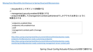 Moving from Monolithic Architecture to Spring Cloud and Microservices
Spring Cloud Config/ActuatorSecure״B\ä
endpoints.enabled=false
endpoints.info.enabled=true
Ȥ
management.context-path=/manage
Ȥ
http://docs.spring.io/spring-boot/docs/current/reference/html/production-ready-
endpoints.html#production-ready-customizing-endpoints
?ActuatorΥɥݥȤޤ
->
?management.security.enabledЄˤ
?endpoint(management.context-path)intenalǤʤ褦
ޤ򤫤
http://docs.spring.io/spring-boot/docs/current/reference/html/production-ready-
monitoring.html#production-ready-customizing-management-server-context-path
 