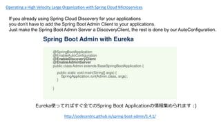 If you already using Spring Cloud Discovery for your applications
you dont have to add the Spring Boot Admin Client to your applications.
Just make the Spring Boot Admin Server a DiscoveryClient, the rest is done by our AutoConfiguration.
http://codecentric.github.io/spring-boot-admin/1.4.1/
EurekaʹäƤФȫƤSpring Boot Application󼯤ޤ :)
Operating a High Velocity Large Organization with Spring Cloud Microservices
 