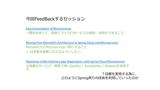 FeedBack륻å
Easy Consumption of Microservices
һ؞Ԥ֤äơg˥ޥ`ӥṩ?äǤ뤳
Moving from Monolithic Architecture to Spring Cloud and Microservices
MonoliticMicroserviceФ뤳
+ UIܛФ褦ˤ
Operating a High Velocity Large Organization with Spring Cloud Microservices
Ҏģʥ`ӥ?_kǸߤQuality / Availability / VelocitygF

ĿˤgFˡ
ɤΤ褦SpringܤμgäƤäΤ
 
