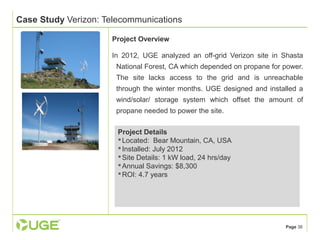 Page 38 
Case Study Verizon: Telecommunications 
Project Overview 
In 2012, UGE analyzed an off-grid Verizon site in Shasta 
National Forest, CA which depended on propane for power. 
The site lacks access to the grid and is unreachable 
through the winter months. UGE designed and installed a 
wind/solar/ storage system which offset the amount of 
propane needed to power the site. 
Project Details 
Located: Bear Mountain, CA, USA 
 Installed: July 2012 
Site Details: 1 kW load, 24 hrs/day 
Annual Savings: $8,300 
ROI: 4.7 years 
 