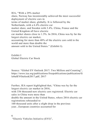IEA, “With a 29% market
share, Norway has incontestably achieved the most successful
deployment of electric cars in
terms of market share, globally. It is followed by the
Netherlands, with a 6.4% electric car
market share, and Sweden with 3.4%. China, France and the
United Kingdom all have electric
car market shares close to 1.5%. In 2016, China was by far the
largest electric car market,
accounting for more than 40% of the electric cars sold in the
world and more than double the
amount sold in the United States.” (Exhibit I).
Exhibit I
Global Electric Car Stock
Source: “Global EV Outlook 2017: Two Million and Counting”,
https://www.iea.org/publications/freepublications/publication/G
lobalEVOutlook2017.pdf, 2017
Further, IEA report highlighted that, “China was by far the
largest electric car market in 2016,
with 336 thousand new electric cars registered. Electric car
sales in China were more than
double the amount in the United States, where 2016 electric car
registrations rebounded to
160 thousand units after a slight drop in the previous
year...European countries accounted for
6
“Electric Vehicles Initiative (EVI)”,
 