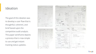 Ideation
The goal of this ideation was
to develop a user ﬂow that is
thoughtful, coherent, and
brief based upon the
competitive audit analysis.
This paper wireframe depicts
a process that is now simple
to use and get instant
tracking status updates.
 