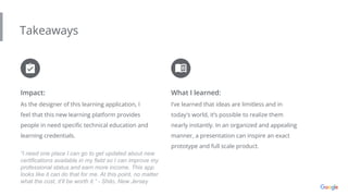 Takeaways
Impact:
As the designer of this learning application, I
feel that this new learning platform provides
people in need speciﬁc technical education and
learning credentials.
What I learned:
I’ve learned that ideas are limitless and in
today's world, it’s possible to realize them
nearly instantly. In an organized and appealing
manner, a presentation can inspire an exact
prototype and full scale product.
“I need one place I can go to get updated about new
certifications available in my field so I can improve my
professional status and earn more income. This app
looks like it can do that for me. At this point, no matter
what the cost, it’ll be worth it.” - Shilo, New Jersey
 