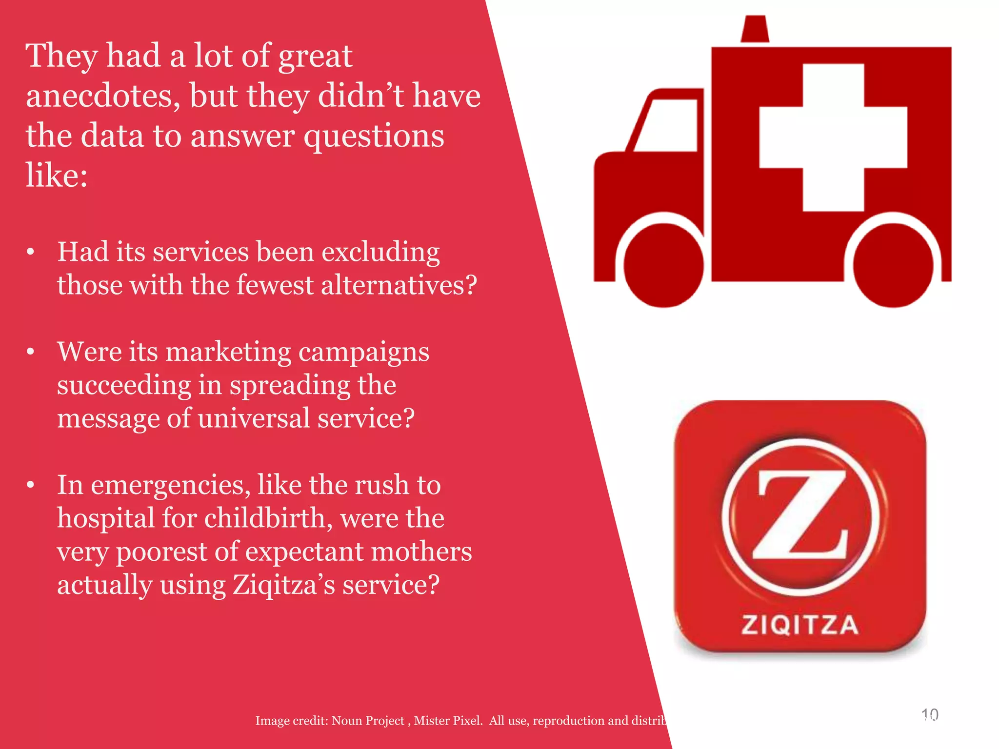 10Image credit: Noun Project , Mister Pixel. All use, reproduction and distribution of this work is subject to a CC-BY-NC-ND license.
They had a lot of great
anecdotes, but they didn’t have
the data to answer questions
like:
• Had its services been excluding
those with the fewest alternatives?
• Were its marketing campaigns
succeeding in spreading the
message of universal service?
• In emergencies, like the rush to
hospital for childbirth, were the
very poorest of expectant mothers
actually using Ziqitza’s service?
 