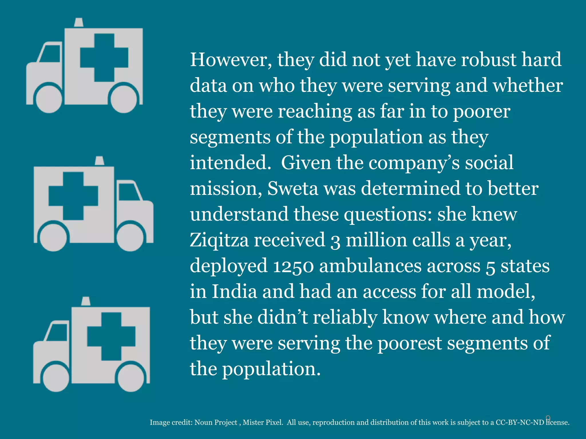 However, they did not yet have robust hard
data on who they were serving and whether
they were reaching as far in to poorer
segments of the population as they
intended. Given the company’s social
mission, Sweta was determined to better
understand these questions: she knew
Ziqitza received 3 million calls a year,
deployed 1250 ambulances across 5 states
in India and had an access for all model,
but she didn’t reliably know where and how
they were serving the poorest segments of
the population.
9Image credit: Noun Project , Mister Pixel. All use, reproduction and distribution of this work is subject to a CC-BY-NC-ND license.
 