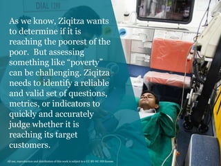 As we know, Ziqitza wants
to determine if it is
reaching the poorest of the
poor. But assessing
something like “poverty”
can be challenging. Ziqitza
needs to identify a reliable
and valid set of questions,
metrics, or indicators to
quickly and accurately
judge whether it is
reaching its target
customers.
2
All use, reproduction and distribution of this work is subject to a CC-BY-NC-ND license.
 