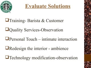 Evaluate Solutions
Training- Barista & Customer
Quality Services-Observation
Personal Touch – intimate interaction
Redesign the interior - ambience
Technology modification-observation
 