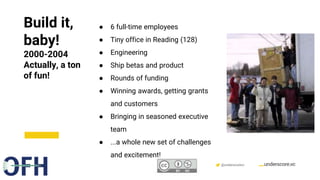 Confidential & Proprietary @underscorevc
Build it,
baby!
2000-2004
Actually, a ton
of fun!
● 6 full-time employees
● Tiny office in Reading (128)
● Engineering
● Ship betas and product
● Rounds of funding
● Winning awards, getting grants
and customers
● Bringing in seasoned executive
team
● ...a whole new set of challenges
and excitement!
 