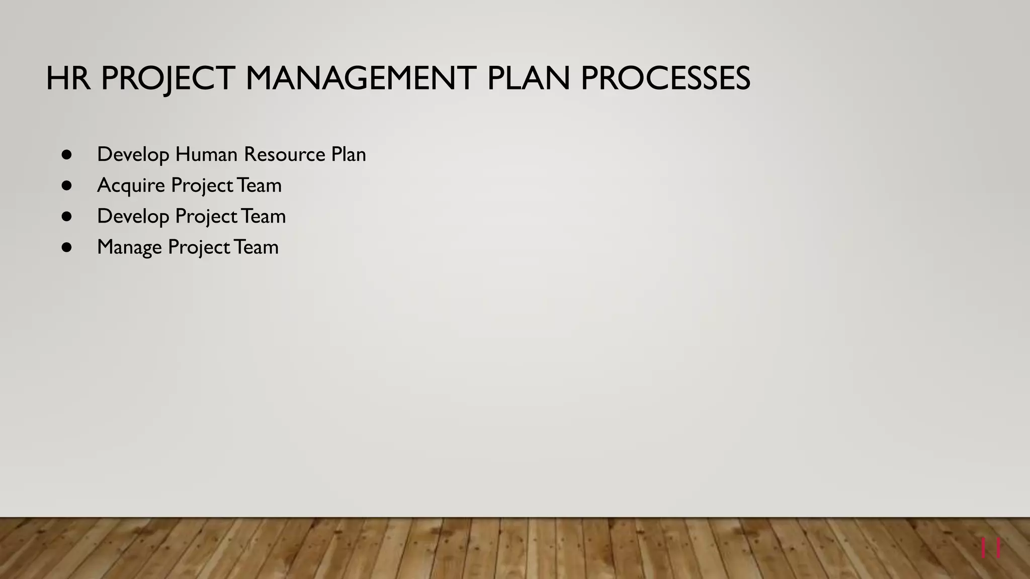 HR PROJECT MANAGEMENT PLAN PROCESSES
11
● Develop Human Resource Plan
● Acquire ProjectTeam
● Develop ProjectTeam
● Manage ProjectTeam
 