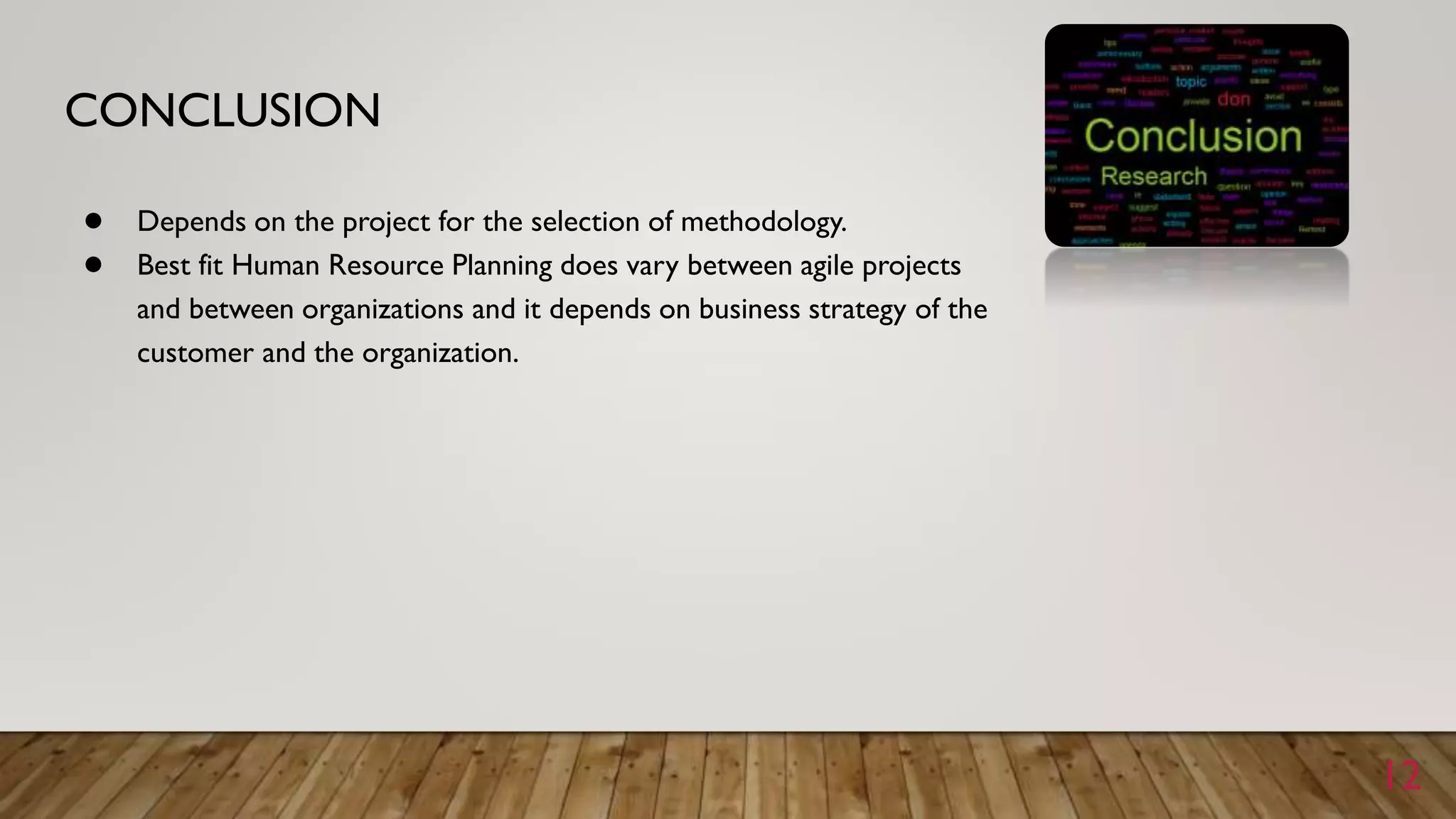 CONCLUSION
● Depends on the project for the selection of methodology.
● Best fit Human Resource Planning does vary between agile projects
and between organizations and it depends on business strategy of the
customer and the organization.
12
 
