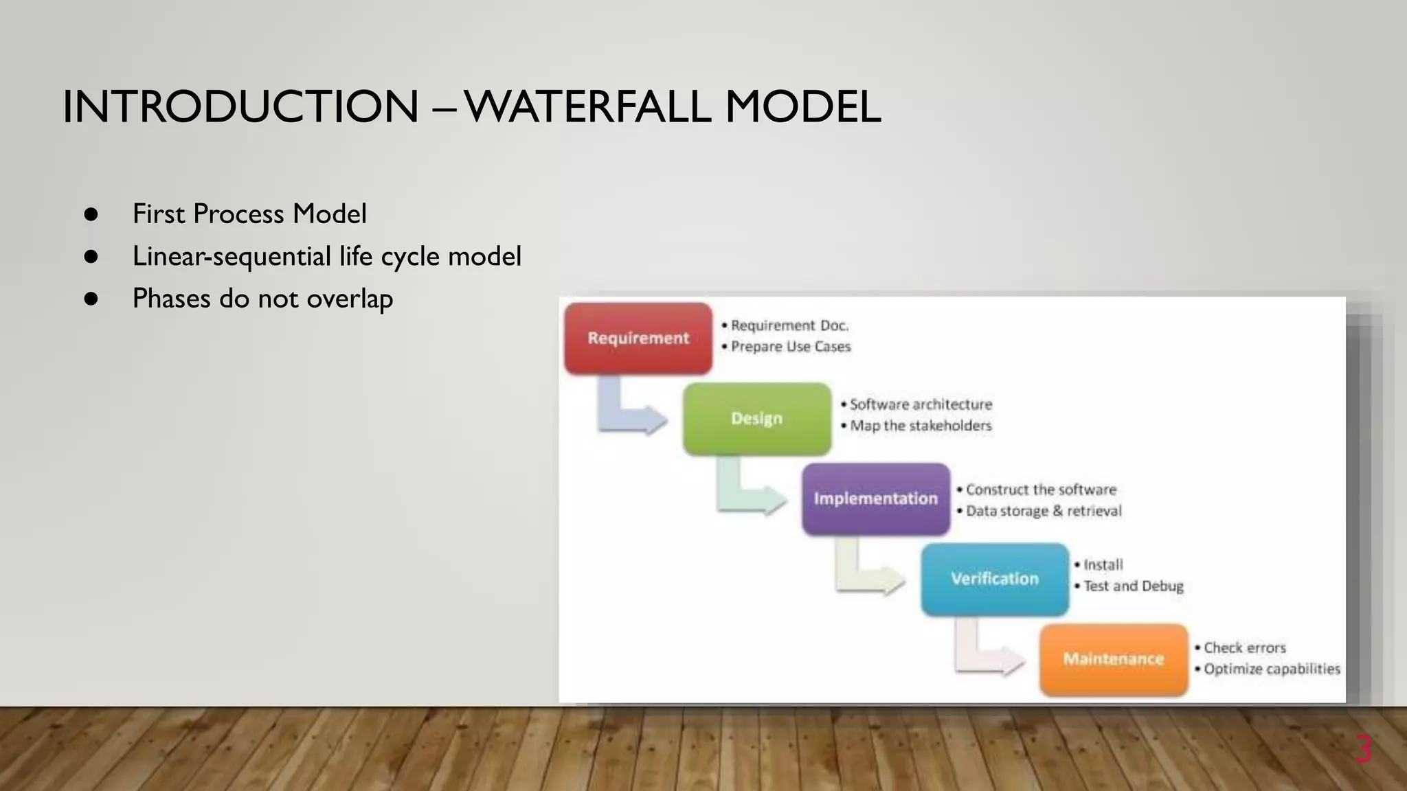 INTRODUCTION –WATERFALL MODEL
● First Process Model
● Linear-sequential life cycle model
● Phases do not overlap
3
 