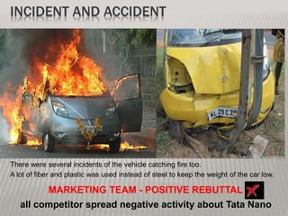INCIDENT AND ACCIDENT
There were several incidents of the vehicle catching fire too.
A lot of fiber and plastic was used instead of steel to keep the weight of the car low.
MARKETING TEAM - POSITIVE REBUTTAL
all competitor spread negative activity about Tata Nano
 