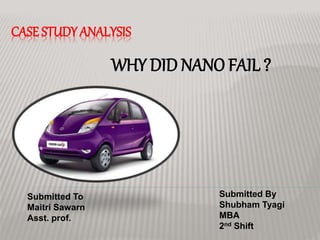 CASE STUDYANALYSIS
WHY DID NANO FAIL ?
Submitted By
Shubham Tyagi
MBA
2nd Shift
Submitted To
Maitri Sawarn
Asst. prof.
 
