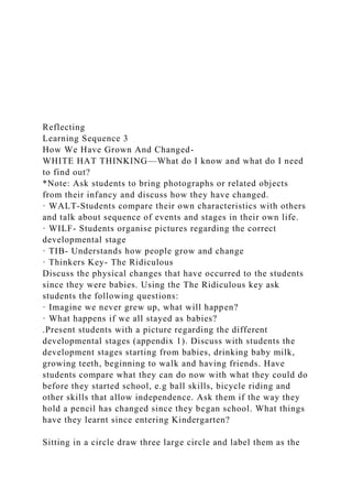 Reflecting
Learning Sequence 3
How We Have Grown And Changed-
WHITE HAT THINKING—What do I know and what do I need
to find out?
*Note: Ask students to bring photographs or related objects
from their infancy and discuss how they have changed.
· WALT-Students compare their own characteristics with others
and talk about sequence of events and stages in their own life.
· WILF- Students organise pictures regarding the correct
developmental stage
· TIB- Understands how people grow and change
· Thinkers Key- The Ridiculous
Discuss the physical changes that have occurred to the students
since they were babies. Using the The Ridiculous key ask
students the following questions:
· Imagine we never grew up, what will happen?
· What happens if we all stayed as babies?
.Present students with a picture regarding the different
developmental stages (appendix 1). Discuss with students the
development stages starting from babies, drinking baby milk,
growing teeth, beginning to walk and having friends. Have
students compare what they can do now with what they could do
before they started school, e.g ball skills, bicycle riding and
other skills that allow independence. Ask them if the way they
hold a pencil has changed since they began school. What things
have they learnt since entering Kindergarten?
Sitting in a circle draw three large circle and label them as the
 