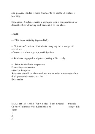 and provide students with flashcards to scaffold students
learning.
Extension: Students write a sentence using conjunctions to
describe their drawing and present it to the class.
–IWB
-– Flip book activity (appendix2)
– Pictures of variety of students carrying out a range of
activities
–Observe students group participation
– Students engaged and participating effectively
– Listen to students responses
Formative assessment
–Works Sample-
Students should be able to draw and rewrite a sentence about
their personal characteristics
Evaluation
KLA: HSIE/ Health Unit Title: I am Special Strand:
Culture/Interpersonal Relationships Stage: ES1
Term
1
2
3
 