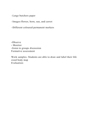 –Large butchers paper
–Images-flower, horn, sun, and carrot
–Different coloured permanent markers
-Observe
- Monitor
-listen to groups discussion
Formative assessment
Work samples- Students are able to draw and label their life
sized body map
Evaluation:
 