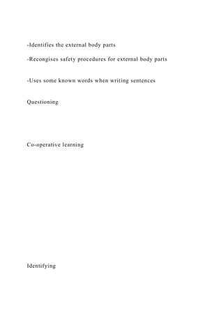 -Identifies the external body parts
-Recongises safety procedures for external body parts
-Uses some known words when writing sentences
Questioning
Co-operative learning
Identifying
 