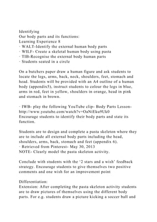 Identifying
Our body parts and its functions:
Learning Experience 8
· WALT-Identify the external human body parts
· WILF- Create a skeletal human body using pasta
· TIB-Recognise the external body human parts
· Students seated in a circle
On a butchers paper draw a human figure and ask students to
locate the legs, arms, back, neck, shoulders, feet, stomach and
head. Students will be provided with an A4 outline of a human
body (appendix5), instruct students to colour the legs in blue,
arms in red, feet in yellow, shoulders in orange, head in pink
and stomach in brown.
· IWB- play the following YouTube clip- Body Parts Lesson-
http://www.youtube.com/watch?v=OaNiEku9Uk0
Encourage students to identify their body parts and state its
function.
Students are to design and complete a pasta skeleton where they
are to include all external body parts including the head,
shoulders, arms, back, stomach and feet (appendix 6).
· Retrieved from Pinterest- May 30, 2013
NOTE- Clearly model the pasta skeleton activity.
Conclude with students with the ‘2 stars and a wish’ feedback
strategy. Encourage students to give themselves two positive
comments and one wish for an improvement point
Differentiation:
Extension: After completing the pasta skeleton activity students
are to draw pictures of themselves using the different body
parts. For e.g. students draw a picture kicking a soccer ball and
 