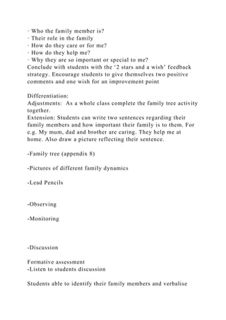 · Who the family member is?
· Their role in the family
· How do they care or for me?
· How do they help me?
· Why they are so important or special to me?
Conclude with students with the ‘2 stars and a wish’ feedback
strategy. Encourage students to give themselves two positive
comments and one wish for an improvement point
Differentiation:
Adjustments: As a whole class complete the family tree activity
together.
Extension: Students can write two sentences regarding their
family members and how important their family is to them. For
e.g. My mum, dad and brother are caring. They help me at
home. Also draw a picture reflecting their sentence.
-Family tree (appendix 8)
-Pictures of different family dynamics
-Lead Pencils
-Observing
-Monitoring
-Discussion
Formative assessment
-Listen to students discussion
Students able to identify their family members and verbalise
 
