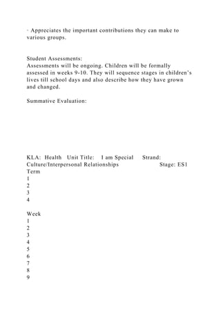 · Appreciates the important contributions they can make to
various groups.
Student Assessments:
Assessments will be ongoing. Children will be formally
assessed in weeks 9-10. They will sequence stages in children’s
lives till school days and also describe how they have grown
and changed.
Summative Evaluation:
KLA: Health Unit Title: I am Special Strand:
Culture/Interpersonal Relationships Stage: ES1
Term
1
2
3
4
Week
1
2
3
4
5
6
7
8
9
 