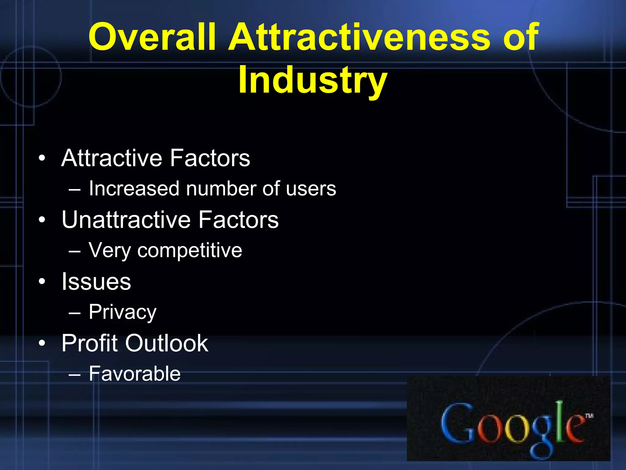Overall Attractiveness of Industry Attractive Factors Increased number of users Unattractive Factors Very competitive Issues Privacy Profit Outlook Favorable 