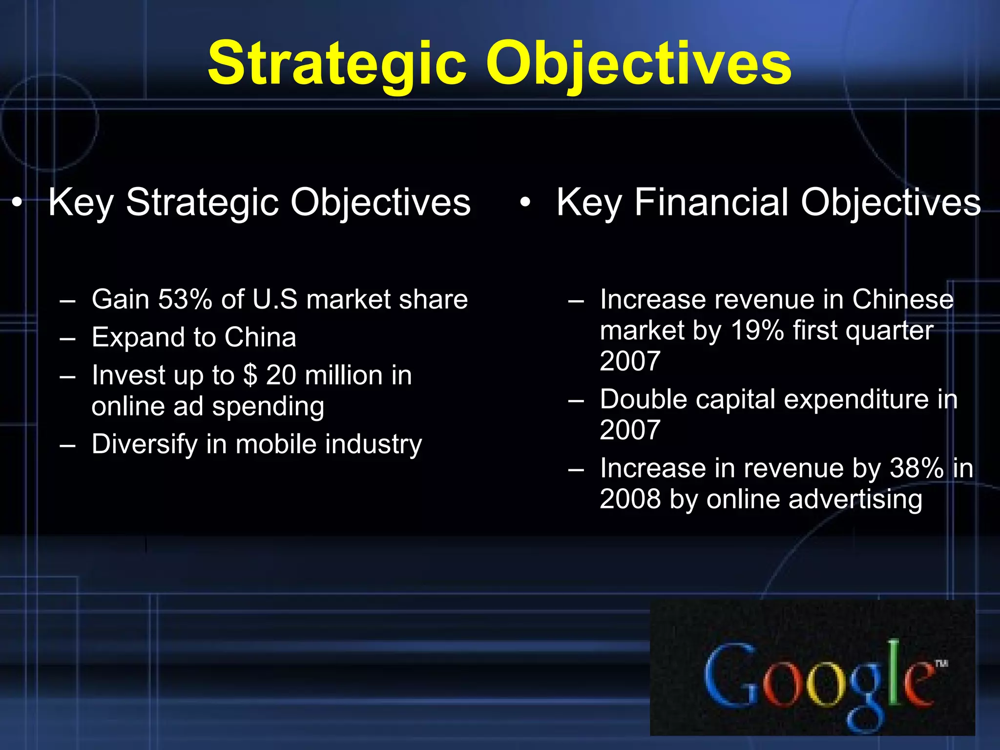 Strategic   Objectives Key Strategic Objectives Gain 53% of U.S market share Expand to China Invest up to $ 20 million in online ad spending Diversify in mobile industry Key Financial Objectives Increase revenue in Chinese market by 19% first quarter 2007 Double capital expenditure in 2007 Increase in revenue by 38% in 2008 by online advertising 