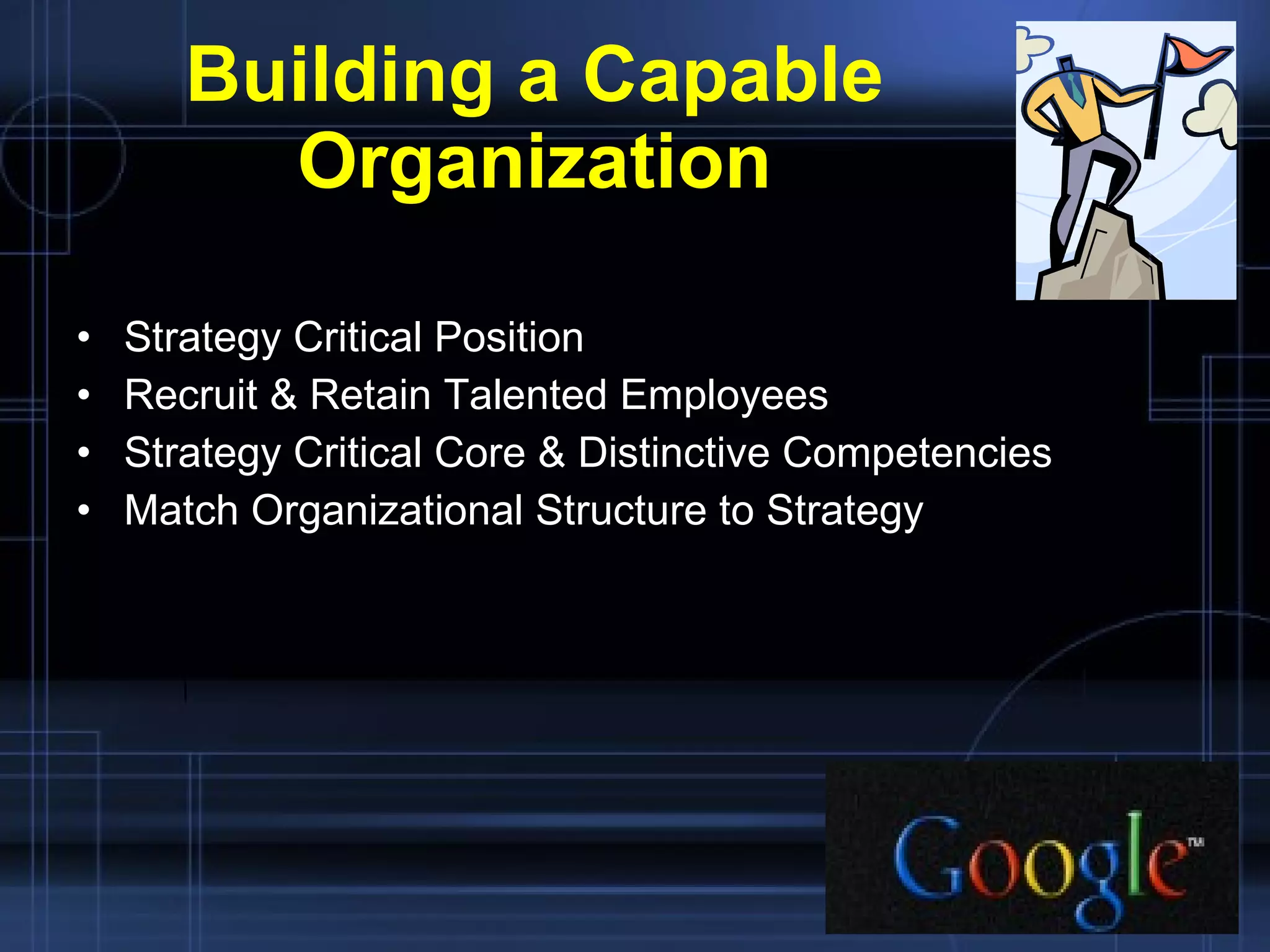 Building a Capable Organization Strategy Critical Position Recruit & Retain Talented Employees Strategy Critical Core & Distinctive Competencies Match Organizational Structure to Strategy 