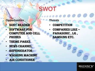 SWOTOpportunitiesSony ReaderSoftware for computer and Cell phonesTheme parksNews channelRefrigeratorWashing machineAir conditionerRoboticsThreatsCompetitionCompanies like – Panasonic , LG , Samsung etc.