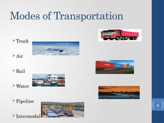 Modes of Transportation
Truck
Air
Rail
Water
Pipeline
Intermodal
6
 