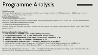 Programme Analysis
Total Floor Area:
The Water Building Resort encompasses a total floor area of approximately 100,000 square feet (~9,290 square meters),
integrating various facilities and amenities.
Sustainability Features:
Water Management Facilities:
Space for water treatment and recycling systems, encompassing approximately 2,000 square feet (~186 square meters) for
managing harvested rainwater and greywater.
Green Roof and Landscaped Areas:
Outdoor spaces are designed to enhance biodiversity and manage stormwater, covering around 15,000 square feet (~1,393
square meters).
Summary of Area Program Analysis:
Total Floor Area: ~100,000 square feet (~9,290 square meters)
Guest Accommodations: ~70% of total area (approx. 100-150 rooms)
Common Areas: Lobby (5,000 sq ft), Dining (10,000 sq ft), Bars (3,000 sq ft)
Wellness Facilities: Spa (10,000 sq ft), Pools (5,000 sq ft)
Conference Spaces: Meeting Rooms (7,000 sq ft), Banquet Hall (8,000 sq ft)
Sustainability Features: Water management (2,000 sq ft), Green Roof and Landscaped Areas (15,000 sq ft)
Staff and Administrative Areas: Staff Quarters (3,000 sq ft), Administrative Offices (5,000 sq ft)
The Water Building Resort is designed to offer a blend of comfort and sustainability, providing guests with an eco-friendly
experience while promoting responsible water management practices.
 