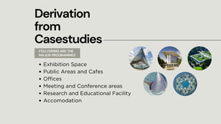 Derivation
from
Casestudies
Exhibition Space
Public Areas and Cafes
Offices
Meeting and Conference areas
Research and Educational Facility
Accomodation
FOLLOWING ARE THE
MAJOR PROGRAMMES
 