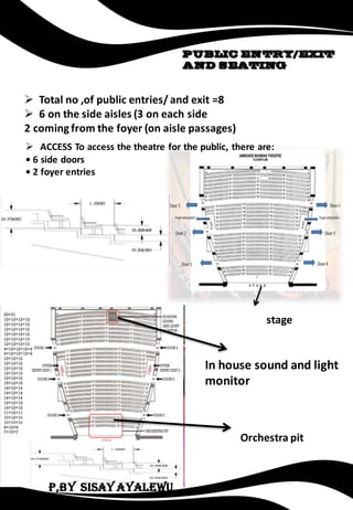 PUBLIC ENTRY/EXIT
AND SEATING
 Total no ,of public entries/ and exit =8
 6 on the side aisles (3 on each side
2 coming from the foyer (on aisle passages)
 ACCESS To access the theatre for the public, there are:
• 6 side doors
• 2 foyer entries
In house sound and light
monitor
Orchestra pit
stage
P,by Sisay ayalewu
 