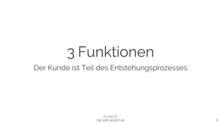 Der Kunde ist Teil des Entstehungsprozesses
8
3 Funktionen
FLYACTS
DIE APP AGENTUR
 