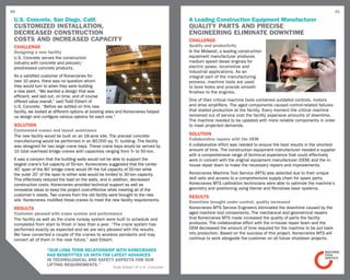 20                                                                                                                                                                 21

 U.S. Concrete, San Diego, Calif.                                                     A Leading Construction Equipment Manufacturer
 Customized installation,                                                             Quality parts and precise
 deCreased ConstruCtion                                                               engineering eliminate downtime
 Costs and inCreased CapaCity                                                         CHALLENGE
 challenge                                                                            Quality and productivity
 Designing a new facility                                                             In the Midwest, a leading construction
 U.S. Concrete serves the construction                                                equipment manufacturer produces
 industry with concrete and precast/                                                  medium speed diesel engines for
 prestressed concrete products.                                                       electric power, locomotive and
                                                                                      industrial applications. As an
 As a satisfied customer of Konecranes for                                            integral part of the manufacturing
 over 10 years, there was no question whom                                            process, machine tools are used
 they would turn to when they were building                                           to bore holes and provide smooth
 a new plant. “We wanted a design that was                                            finishes to the engines.
 efficient, well laid out, on time, and of course
 offered value overall,“ said Todd Ebbert of                                          One of their critical machine tools contained outdated controls, motors
 U.S. Concrete. “Before we settled on this new                                        and drive amplifiers. The aged components caused control-related failures
 facility, we looked at different options at existing sites and Konecranes helped     that stalled production at the facility. Every moment the critical machine
 us design and configure various options for each one.”                               remained out of service cost the facility expensive amounts of downtime.
                                                                                      The machine needed to be updated with more reliable components in order
 SOLUTION                                                                             to meet projected demands.
 Customized cranes and layout assistance
 The new facility would be built on an 18-acre site. The precast concrete             SOLUTION
 manufacturing would be performed in an 80,000 sq. ft. building. The facility         Collaborative repairs with the OEM
 was designed for two large crane bays. These crane bays would be served by           A collaborative effort was needed to ensure the best results in the shortest
 10 total overhead bridge cranes with capacities ranging from 5- to 50-ton.           amount of time. The construction equipment manufacturer needed a supplier
                                                                                      with a comprehensive range of technical experience that could effectively
 It was a concern that the building walls would not be able to support the            work in concert with the original equipment manufacturer (OEM) and the in-
 largest crane’s full capacity of 50-ton. Konecranes suggested that the center        house repair team to make the necessary repairs and improvements.
 40’ span of the 80’ bridge crane would lift the full capacity of 50-ton while
 the outer 20’ of the span to either side would be limited to 30-ton capacity.        Konecranes Machine Tool Service (MTS) was selected due to their unique
 This effectively reduced the load on the walls, and in addition, decreased           skill sets and access to a comprehensive supply chain for spare parts.
 construction costs. Konecranes provided technical support as well as                 Konecranes MTS calibration technicians were able to optimize the machine’s
 innovative ideas to keep the project cost-effective while meeting all of the         geometry and positioning using Hamar and Renishaw laser systems.
 customer‘s needs. Two cranes from the old facility were brought to the new           RESULTS
 site. Konecranes modified these cranes to meet the new facility requirements.        Downtime brought under control, quality increased
 RESULTS                                                                              Konecranes MTS Service Engineers eliminated the downtime caused by the
 Customer pleased with crane system and performance                                   aged machine tool components. The mechanical and geometrical repairs
 The facility as well as the crane runway system were built to schedule and           that Konecranes MTS made increased the quality of parts the facility
 completed from start to finish in less than a year. “The crane system has            produces. The collaborative effort with the in-house repair team and the
 performed exactly as expected and we are very pleased with the results.              OEM decreased the amount of time required for the machine to be put back
 We have converted a couple of the cranes to wireless pendants and may                into production. Based on the success of this project, Konecranes MTS will
 convert all of them in the near future,” said Ebbert.                                continue to work alongside the customer on all future shutdown projects.

                   “Our long term relationship with Konecranes
                   has benefitted us with the latest advances
                   in technological and safety aspects for our
                   lifting requirements.’’
                                                       Todd Ebbert of U.S. Concrete
 