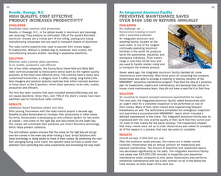24                                                                                                                                                               25

 Novelis, Oswego, N.Y.                                                             An Integrated Aluminum Facility
 HIGH QUALITY, COST EFFECTIVE                                                      PREVENTIVE MAINTENANCE SAVES
 PRODUCT INCREASES PRODUCTIVITY                                                    OVER $45K USD IN REPAIRS ANNUALLY
 challenge                                                                         CHALLENGE
 Unreliable radio controls stall production                                        No challenge yet ...
 Novelis, in Oswego, N.Y., is the global leader in aluminum and beverage           Konecranes keeping in touch
 can recycling. They produce an estimated 19% of the world’s flat-rolled           with a potential customer
 aluminum. Cranes are a critical part of the rolling, casting and fusing           An integrated aluminum and
 manufacturing processes and are used to transport sheets of aluminum.             smelting facility, located on the
                                                                                   east coast, is one of the longest
 The radio control systems they used to operate their cranes began
                                                                                   continually operating aluminum
 to malfunction. Without a reliable way to maneuver their cranes, the
                                                                                   facilities in the world. Its products
 manufacturing process stalled, resulting in expensive downtime.
                                                                                   serve the automotive, industrial, and
 SOLUTION                                                                          aerospace industries. Their cranes
 Effective radio controls allow operators                                          range in size from 10-50 tons and
 to be mobile, productive and efficient                                            are used to handle molten metal and
 Out of two other proposals, the Cervis/Ikusi Hand Held and Belly Belt             to transport the finished product.
 radio controls proposed by Konecranes stood apart as the highest quality          Seven years ago, the integrated aluminum facility handled all crane
 products at the most cost- effective price. The controls have a heavy duty        maintenance work internally. After three years of contacting the company,
 customized transmitter, a category level 3 safety rating, long battery life,      Konecranes was able to arrange a meeting to discuss benefits of the
 fast chargers and position selector switches that either maintain position        MAINMAN® preventive maintenance program. They liked the idea of a proactive
 or force return to the 0 position, which allow operators to be safe, mobile,      plan for inspections, repairs and maintenance, but because they had an in-
 productive and efficient.                                                         house crane maintenance team, they did not have a need for it at that time.
 The first few radio controls that were installed worked effectively and did       SOLUTION
 not cause downtime. Since then, over 75% of the plant’s cranes have been          An occasion to inspect revealed numerous opportunities for repair
 switched over to Cervis/Ikusi radio controls.
                                                                                   The next year, the integrated aluminum facility called Konecranes with
 RESULTS                                                                           an urgent need for a complete inspection to be performed on one of
 Additional Smart Solutions added over time                                        their cranes. Many of their other cranes were experiencing frequent
 After proving themselves with the radio control project a decade ago,             breakdowns as well. The technicians completed the emergency inspection
 Novellis trusted Konecranes to increase their productivity in other areas.        and submitted a comprehensive MAINMAN® report which included a
 Currently, Konecranes is developing an anti-collision system for two levels       detailed assessment of the crane. The integrated aluminum facility was so
 of cranes – one crane on the high bay and two cranes on the lower bay.            impressed with the crew and the quality of their work that they turned over
 The cranes will coordinate their positions use Smart Solutions technology,        15 more of their cranes for the same process. The inspections showed
 which helps prevent collisions.                                                   that many cranes were not up to code. Konecranes was asked to complete
                                                                                   all of the repairs in a process that took two years to complete.
 The anti-collision system ensures that the crane on the high bay will not go
 over the cranes in the lower bay while holding a load. Smart Solutions Anti-      RESULTS
 Sway technology is being added to three of their cranes. By preventing the load   Overall savings of $45,000 per year
 from swinging during crane travel, the operator does not have to divide their     After the extensive repair process, the cranes are in better overall
 attention from controlling the crane movements and monitoring the load itself.    condition. Konecranes has an annual contract for inspections and
                                                                                   planned maintenance. The amount of downtime and unplanned repairs
                                                                                   has decreased significantly at the plant. The integrated aluminum facility
                                                                                   now saves over $45,000 USD annually in inspection and preventive
                                                                                   maintenance costs compared to prior years. Konecranes also performs
                                                                                   preventive maintenance and has a site contract on all of the below-the-
                                                                                   hook devises at other areas of the work site.
 
