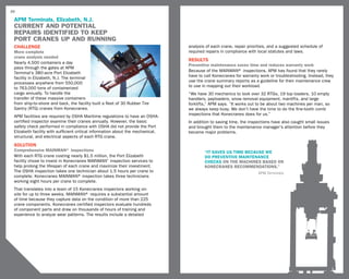 30

 APM Terminals, Elizabeth, N.J.
 Current and Potential
 Repairs identified to Keep
 Port Cranes Up and Running
 CHALLENGE                                                                       analysis of each crane, repair priorities, and a suggested schedule of
 More complete                                                                   required repairs in compliance with local statutes and laws.
 crane analysis needed
                                                                                 RESULTS
 Nearly 4,500 containers a day
                                                                                 Preventive maintenance saves time and reduces warranty work
 pass through the gates at APM
 Terminal’s 380-acre Port Elizabeth                                              Because of the MAINMAN® inspections, APM has found that they rarely
 facility in Elizabeth, N.J. The terminal                                        have to call Konecranes for warranty work or troubleshooting. Instead, they
 processes anywhere from 550,000                                                 use the crane summary reports as a guideline for their maintenance crew
 to 763,000 tons of containerized                                                to use in mapping out their workload.
 cargo annually. To handle the                                                   “We have 30 mechanics to look over 32 RTGs, 19 top loaders, 10 empty
 transfer of these massive containers                                            handlers, payloaders, snow removal equipment, manlifts, and large
 from ship-to-shore and back, the facility built a fleet of 30 Rubber Tire       forklifts,” APM says. “It works out to be about two machines per man, so
 Gantry (RTG) cranes from Konecranes.                                            we always keep busy. We don’t have the time to do the fine-tooth comb
 APM facilities are required by OSHA Maritime regulations to have an OSHA-       inspections that Konecranes does for us.”
 certified inspector examine their cranes annually. However, the basic           In addition to saving time, the inspections have also caught small issues
 safety check performed in compliance with OSHA did not provide the Port         and brought them to the maintenance manager’s attention before they
 Elizabeth facility with sufficient critical information about the mechanical,   became major problems.
 structural, and electrical aspects of each RTG crane.
 SOLUTION
 Comprehensive MAINMAN® inspections                                                      “It saves us time because we
 With each RTG crane costing nearly $1.5 million, the Port Elizabeth                     do preventive maintenance
 facility chose to invest in Konecranes MAINMAN® inspection services to                  checks on the machines based on
 help prolong the lifespan of each crane and maximize their investment.                  Konecranes recommendations.”
 The OSHA inspection takes one technician about 1.5 hours per crane to                                               APM Terminals
 complete. Konecranes MAINMAN® inspection takes three technicians
 working eight hours per crane to complete.
 That translates into a team of 15 Konecranes inspectors working on-
 site for up to three weeks. MAINMAN® requires a substantial amount
 of time because they capture data on the condition of more than 225
 crane components. Konecranes certified inspectors evaluate hundreds
 of component parts and draw on thousands of hours of training and
 experience to analyze wear patterns. The results include a detailed
 